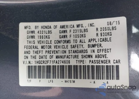 2015 Honda Accord Ex z USA, uszkodzony, nr VIN 1HGCR2F71FA274606